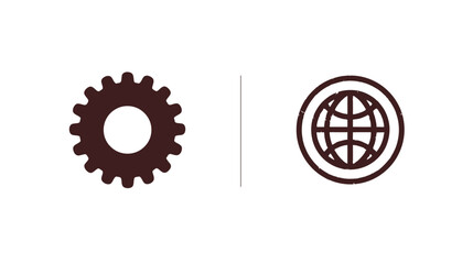 Obraz premium Two symmetrical symbols, a cogwheel and a globe within a circle, divided by a vertical line