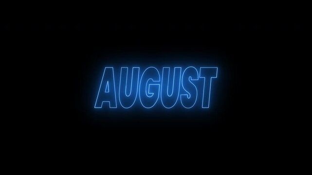 Bright neon blue august text animation on black. 4k animated typography suitable for august event promotions, calendars, or summer themed projects.