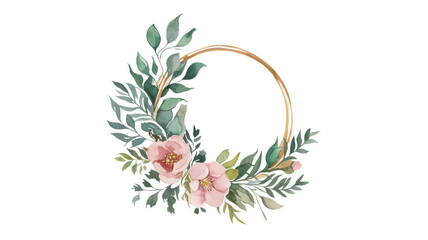 Fototapeta premium A beautiful floral wreath with pink flowers and green leaves on a transparent background