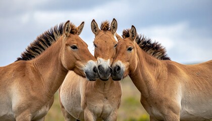 Obraz premium Naturalistic wildlife portrait featuring three Przewalski's horses standing close together in a natural habitat. The image highlights themes of conservation, animal behavior, and the beauty of nature.