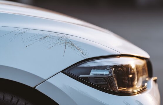 close-up of small scratches on the front side fender and headlight of a white car