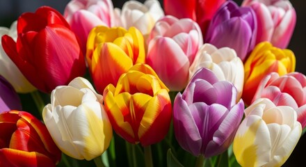 Obraz premium A close-up view of a mixed bouquet of red, yellow, and purple tulips, highlighting their vibrant petals.