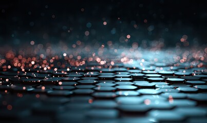 Obraz premium Abstract Hexagon Surface with Orange and Blue Bokeh Lights Futuristic Technology Background Texture with Geometric Pattern and Sparkling Particles Depth of Field Effect