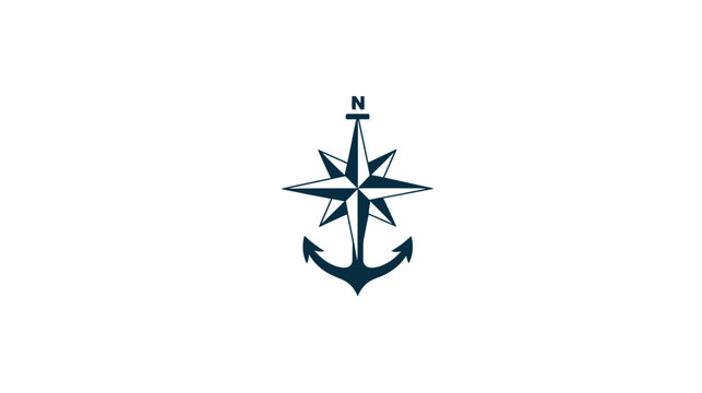 Stylized nautical emblem features a compass rose atop an anchor. Simple design. Navy blue on a white backdrop