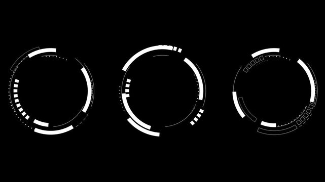 Set of three animated HUD circular interface elements with alpha channel