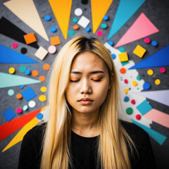woman with long blonde hair and eyes closed with bright geometric shapes exploding from her head