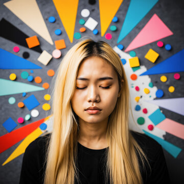 woman with long blonde hair and eyes closed with bright geometric shapes exploding from her head