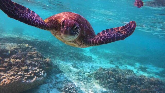 Slow motion video of a highly curious green sea turtle closely inspecting the camera above a shallow coral reef in crystal clear water at Lady Elliot Island, Australia.