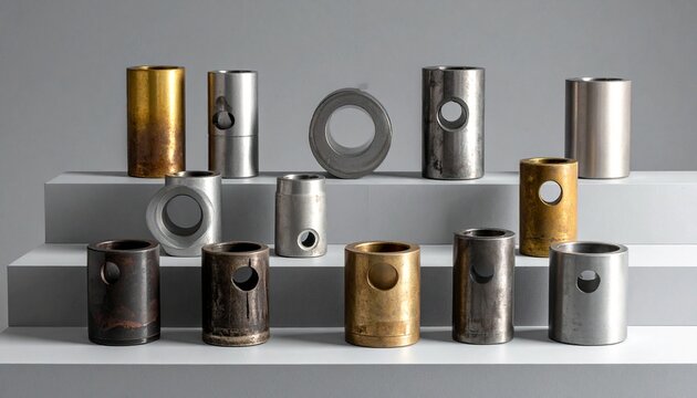 Collection of fifteen industrial components with hollow cylindrical centers, arranged on stepped platform, varying in shape, texture, and color.