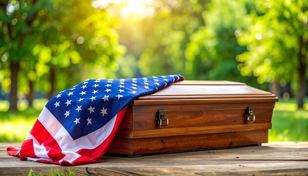 Wooden casket draped with American flag outdoors on wooden surface, blurred green background, solemn and respectful atmosphere.