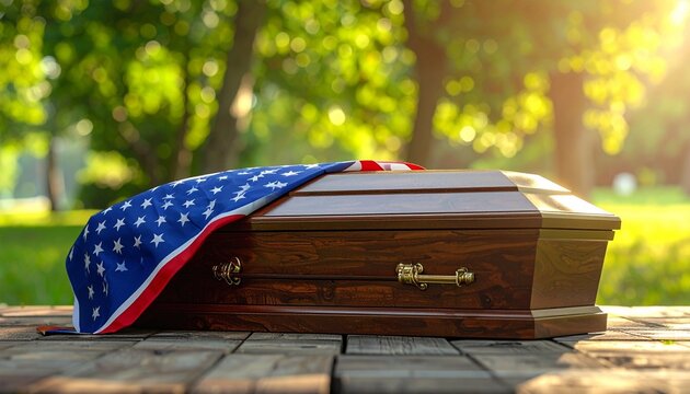 Wooden casket draped with American flag outdoors on wooden surface, blurred green background, solemn and respectful atmosphere.