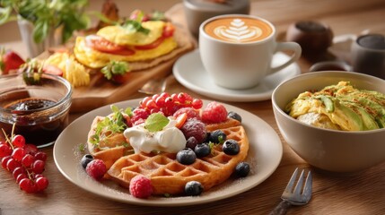 Delicious breakfast spread with waffles, pancakes, avocado toast, and coffee.