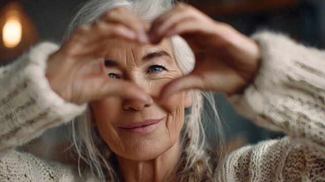 Senior woman with gray hair forms a heart shape with her hands, smiling softly, wearing a cozy knitted sweater. The warm indoor light casts a serene and gentle atmosphere