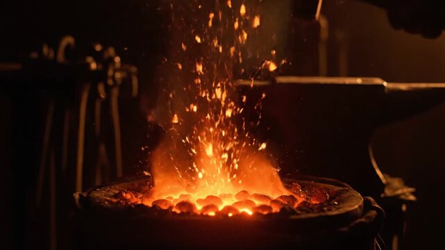 blacksmith forging fire sparks, hot metal, industry