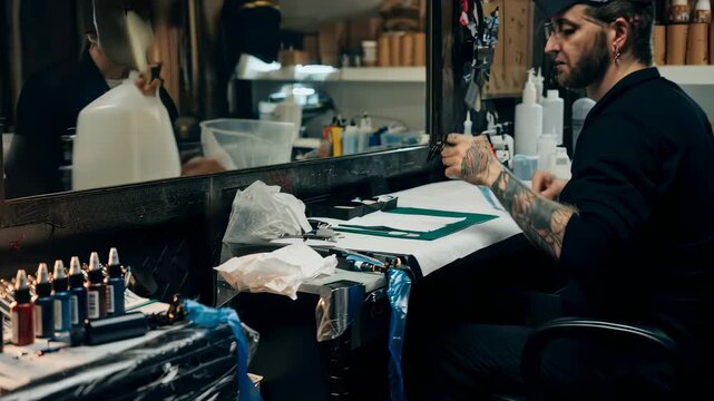 Tattoo artist working in studio, featuring ink bottles, needles, and a machine setup for body art creation