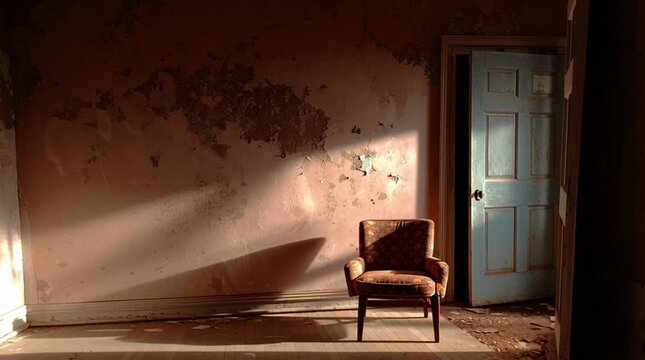 Abandoned room in dim light with a single object appearing warm under a focused beam. Minimal, atmospheric scene suggesting recent presence, absence, and subtle emotional contrast.
