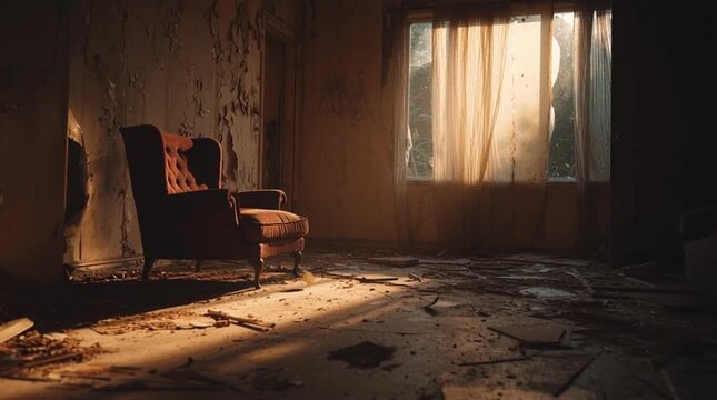 Abandoned room in dim light with a single object appearing warm under a focused beam. Minimal, atmospheric scene suggesting recent presence, absence, and subtle emotional contrast.
