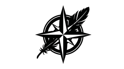Fototapeta premium A black and white emblem featuring a compass rose, set within a circle, with feathers