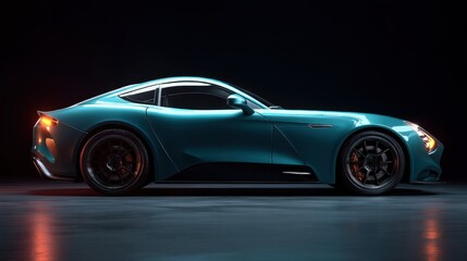 Fototapeta premium Sleek modern sports car with blue metallic finish on dark background.
