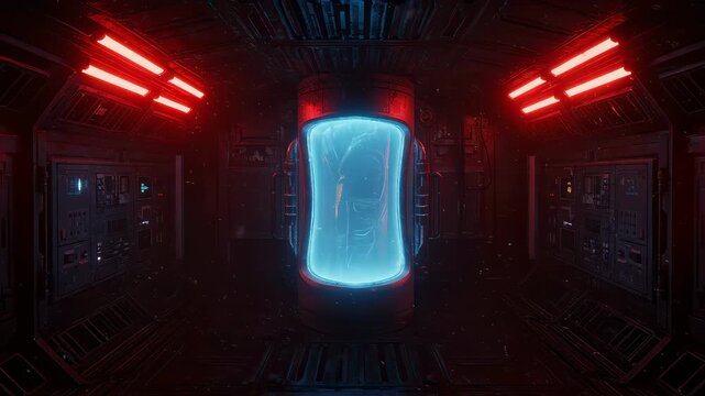 Sci fi cryo chamber with glowing tubes. Futuristic space station interior with cloning technology for regeneration.