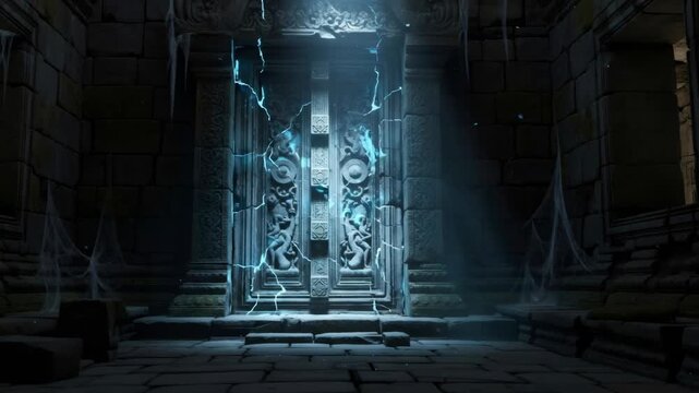 Ancient temple gate with glowing blue energy and cracking stone, depicting fantasy concept and magic lore