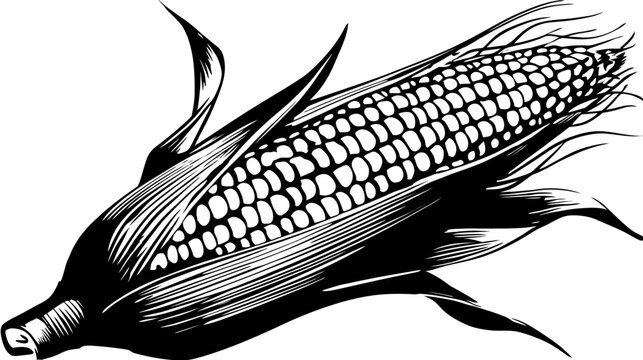 Black and white vector illustration of an ear of corn, with detailed husks and kernels