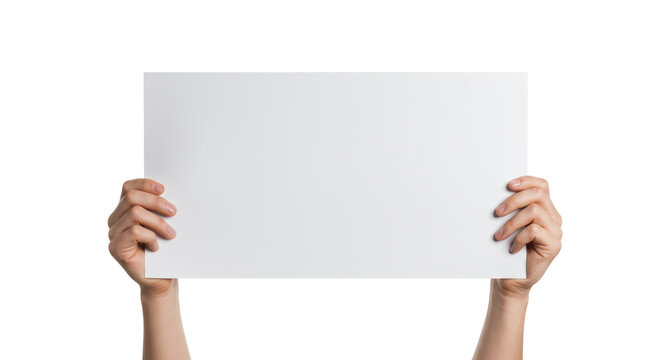 Pristine caucasian hands present a blank white horizontal sign on a seamless high-key studio background, Concept for minimalist advertising and communication