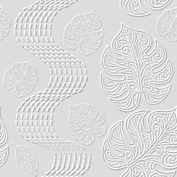 Elegant seamless pattern with 3d embossed ornamental relief Monstera leaves and wavy dotted lines. Minimalist white on grey vector design with emboss texture. Floral tropical textured background.