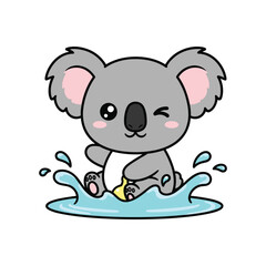 Fototapeta premium Cute cartoon koala splashing happily in blue water with bubbles, playful animal illustration, vector art