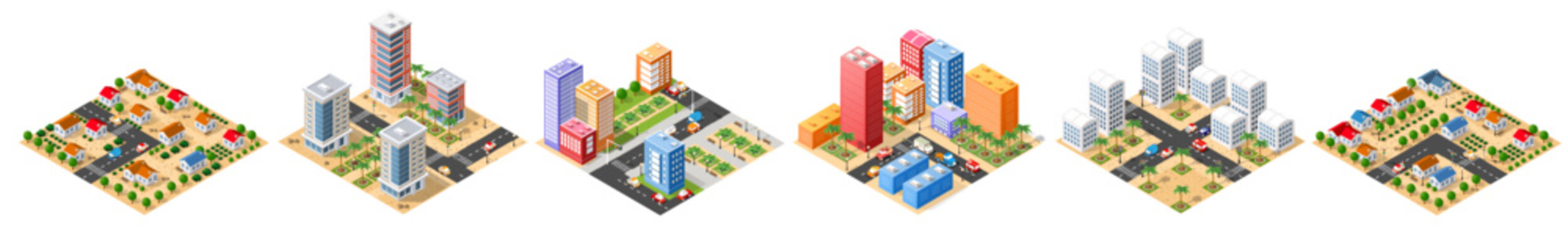 Various isometric city blocks featuring residential houses, high-rise buildings, and commercial areas, composing an urban map