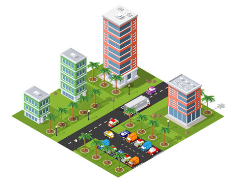 Isometric urban megalopolis top view of the city infrastructure town, street modern, real structure, architecture 3d illustration elements different buildings