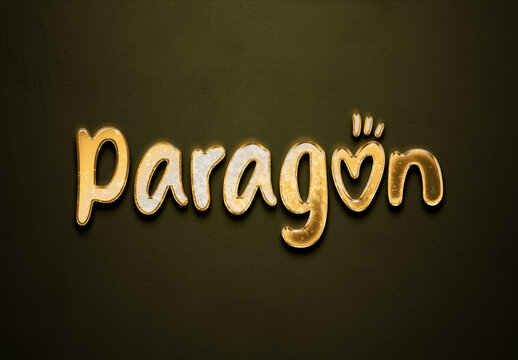 Old gold text effect of word Paragon with 3D glossy style Mockup.