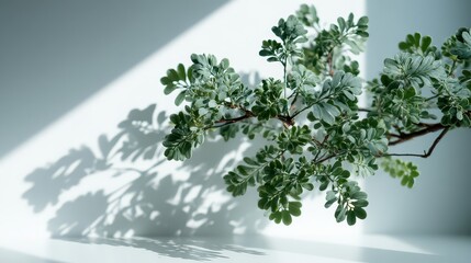 Obraz premium Sunlit Wormwood Branch with Silver Green Leaves Casting Shadows on White Background a Delicate Botanical Composition Ideal for Minimalist and Natural Themes