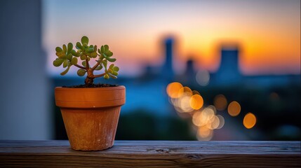 Small Green Plant in Terracotta Pot with Bokeh City Lights Background at Sunset