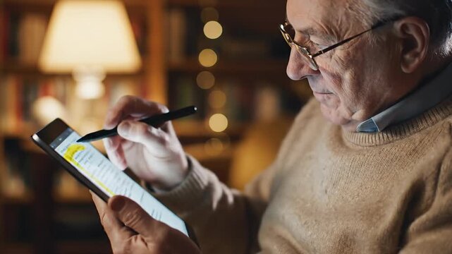 Elderly man with glasses using stylus on tablet, reading and highlighting text at home