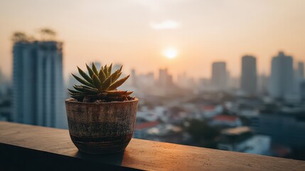 Sunset Cityscape with Small Green Potted Plant on Balcony Railing Orange Glow Golden Hour Tall Buildings in Background Urban Serenity