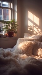 Vertical Shot of Cozy Bedroom with Sunlight Streaming Through Window into a White Fluffy Blanket near Potted Plants Creating Warmth in Tranquil Ambiance