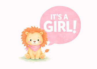 Fototapeta premium Gender reveal party poster. Cute cartoon watercolour animal sitting near text with announcement