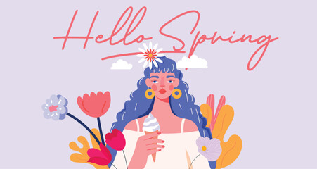 Hello Spring conceptual illustration with a muted violet haired woman holding an ice cream cone among blooming flowers