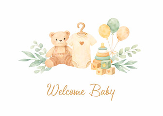 Fototapeta premium Watercolor illustration card. Welcome baby with eucalyptus, baby romper, rainbow. Isolated on white background. Perfect for card, postcard, tags, invitation, printing, wrapping
