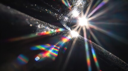 Abstract Prism Effect with Rainbow Light Refraction and Lens Flare on Black Background Creating a Sparkling Optical Phenomenon