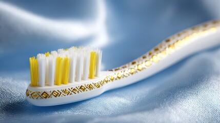 Close Up of a White and Gold Toothbrush with Yellow Bristles on a Soft Blue Silky Background in Soft Lighting Focused on Hygiene and Oral Health