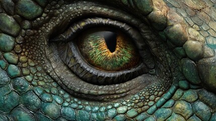 Close-up of a reptile's eye with scaly textured skin and striking green iris.