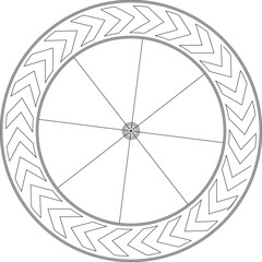 Symmetrical circular vector design featuring an eight-pointed star motif with bold red and gold interlocking arrow-like geometric shapes.