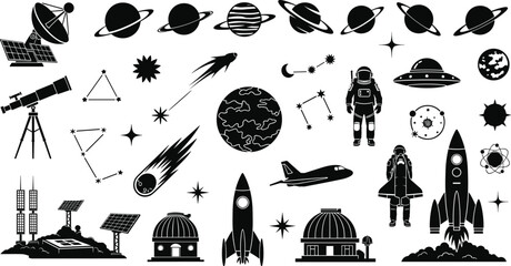 Space themed icon collection showing planets rockets satellites telescopes astronauts constellations stars comets UFO shuttle atomic models science astronomy design flat vector illustration © MD Tariful islam