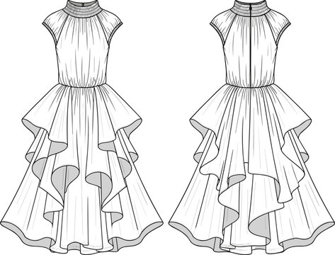 Formal dress technical fashion flat sketch showing gathered neckline collar cap sleeves fitted bodice cascading layered ruffle skirt front and back views flat vector illustration