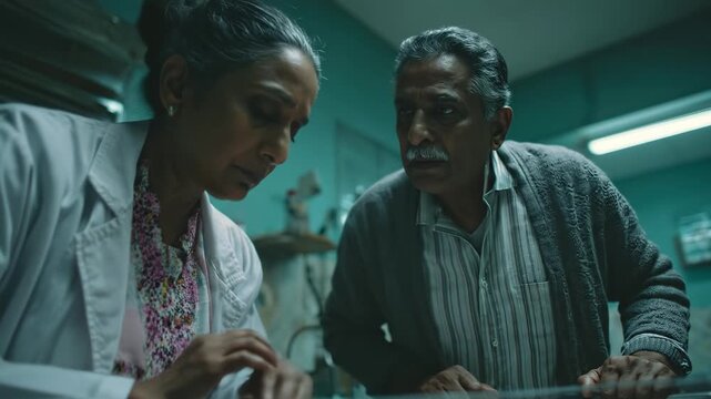 Indian pathologists examine body. Senior medical professionals work. Forensic investigation, morgue scene. Sadness, worry, concern visible. Urgent medical analysis happening.