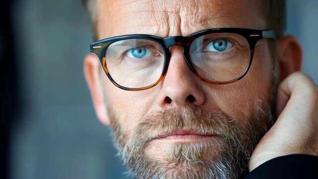 Intense Gaze Portrait: A close-up of a middle-aged male with captivating blue eyes, adorned with stylish glasses, peering intently into the camera. His thoughtful expression and intellectual air.