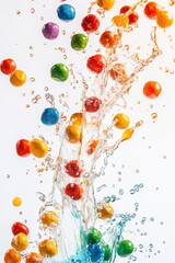 colorful cereal balls flying with milk splash in the air, isolated on white background