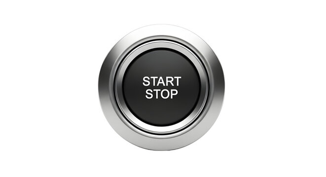 Black round start stop button with metallic silver bezel, 3D render isolated on white
